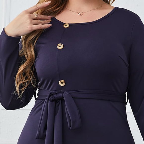 Melo Apparel Plus Size Buttoned Round Neck Tie Belt Midi Dress - Picture 3 of 7